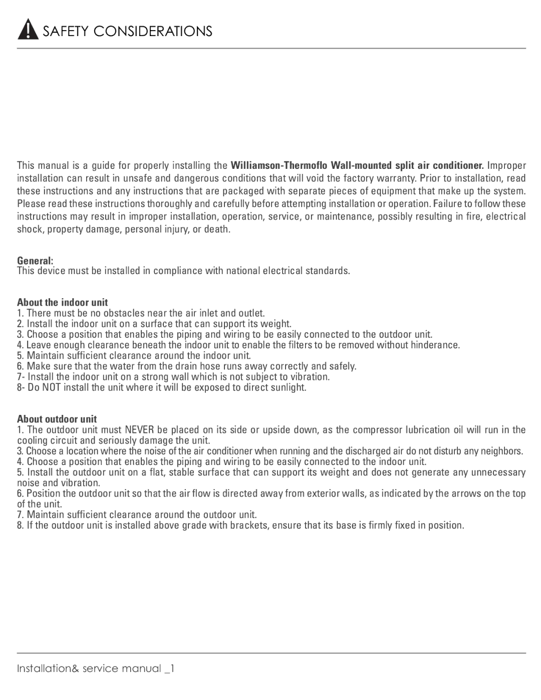 Plantronics R-410A manual Safety Considerations, General, About the indoor unit, About outdoor unit 