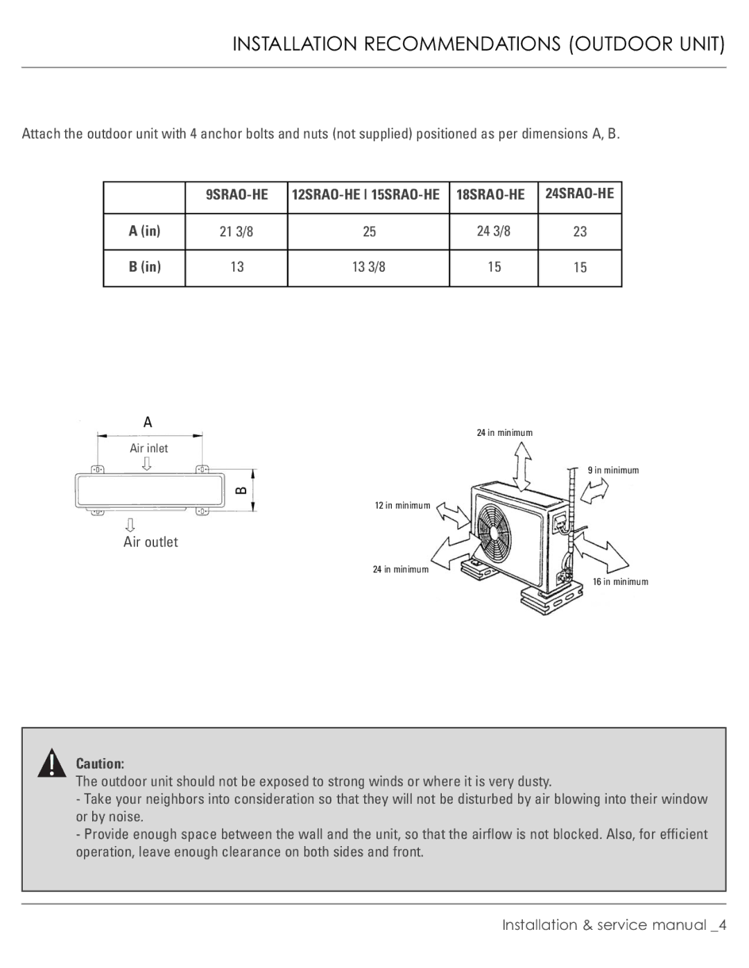 Plantronics R-410A manual Installation Recommendations Outdoor Unit, 24 3/8 13 3/8 