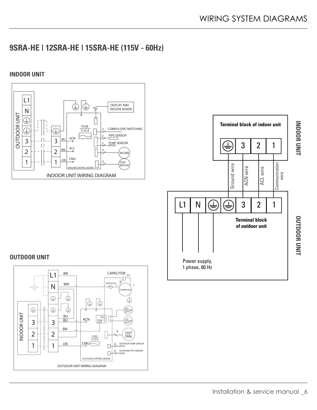 Plantronics R-410A manual Wiring System Diagrams, 9SRA-HE 12SRA-HE 15SRA-HE 115V 60Hz 