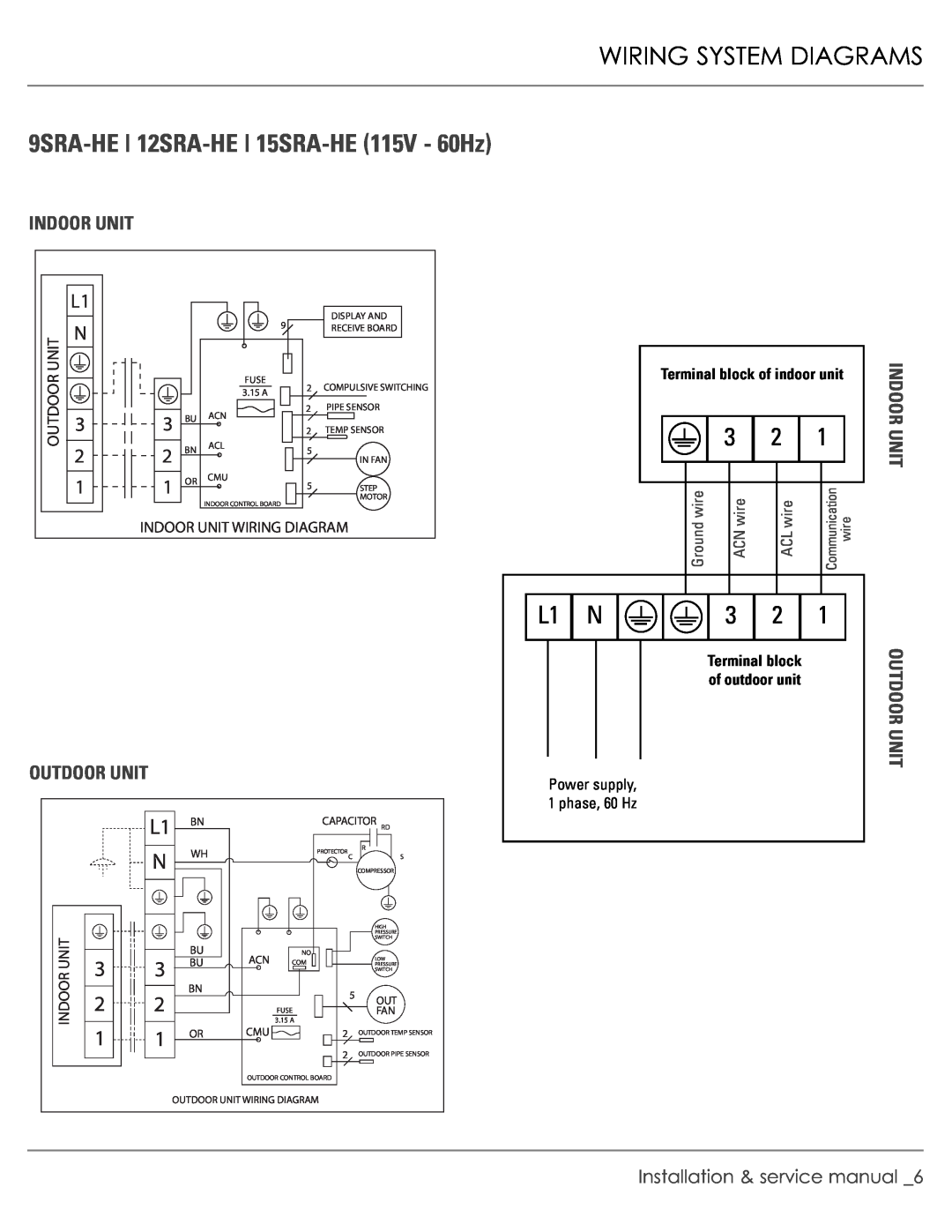 Plantronics R-410A manual Wiring System Diagrams, L1 N, 9SRA-HE 12SRA-HE 15SRA-HE115V - 60Hz 