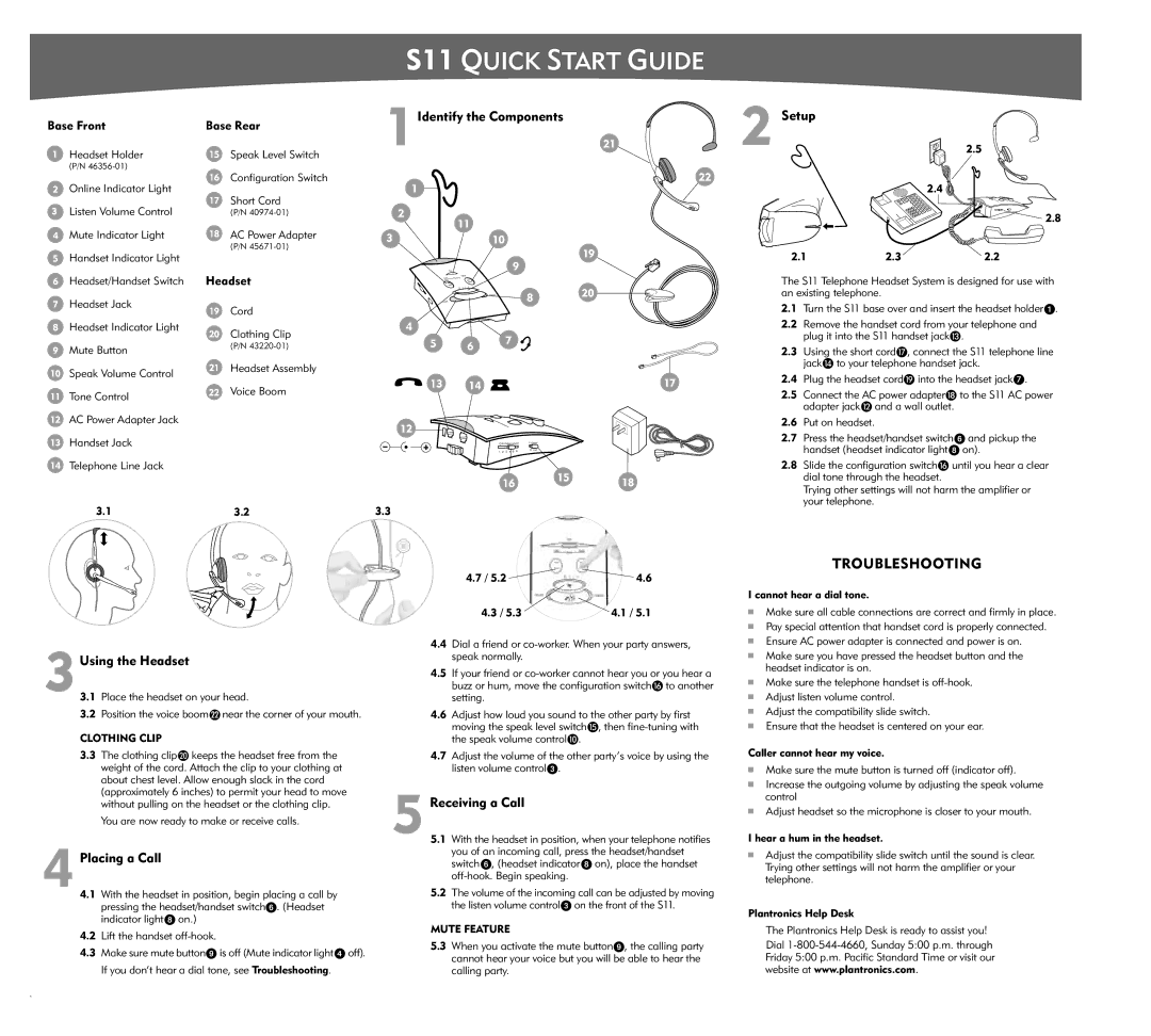 Plantronics S11 quick start 3Using the Headset, Placing a Call, Receiving a Call 