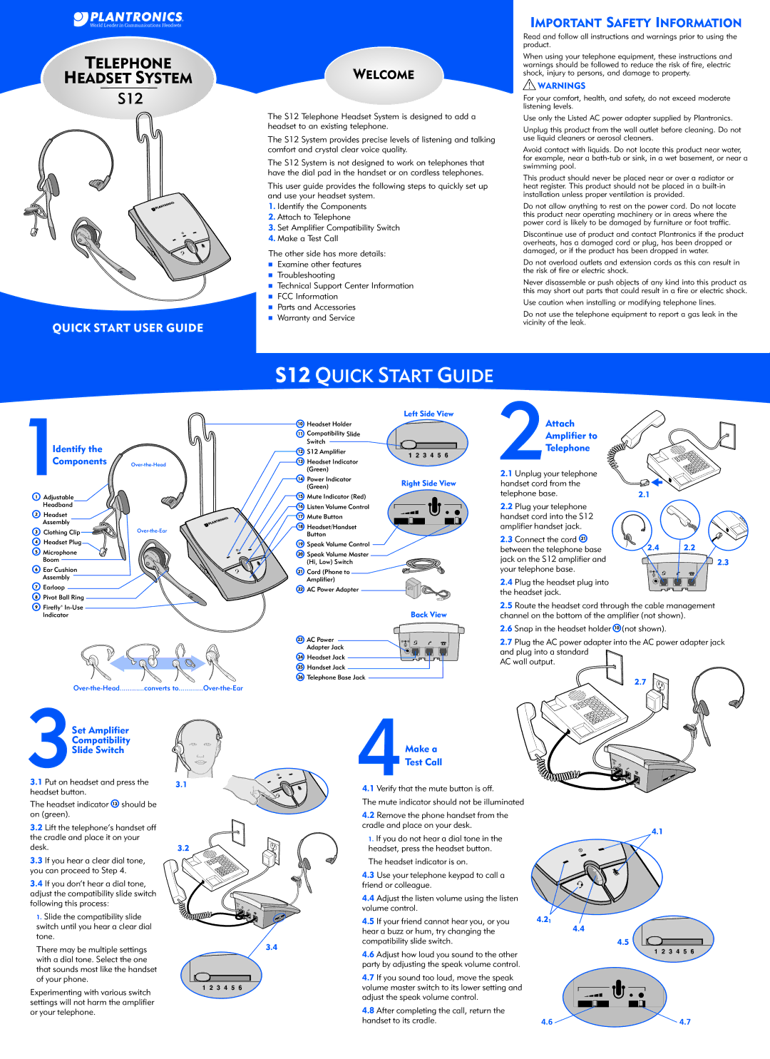 Plantronics s12 quick start Important Safety Information, 1Identify, Attach Amplifier to Telephone, 4Make a Test Call 