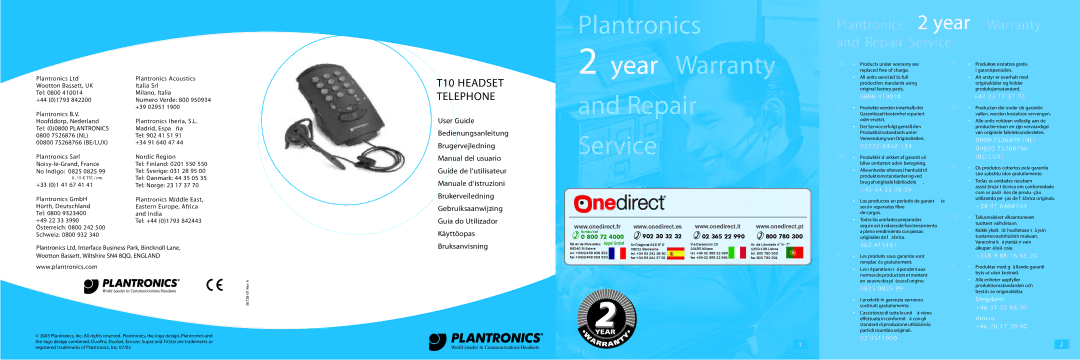 Plantronics T10 warranty Year Warranty and Repair Service 