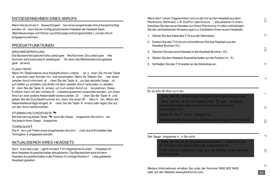Plantronics T10 Entgegennehmen Eines Anrufs, Produktfunktionen, Aktualisieren Ihres Headsets, Fehlerbehebung Problem 