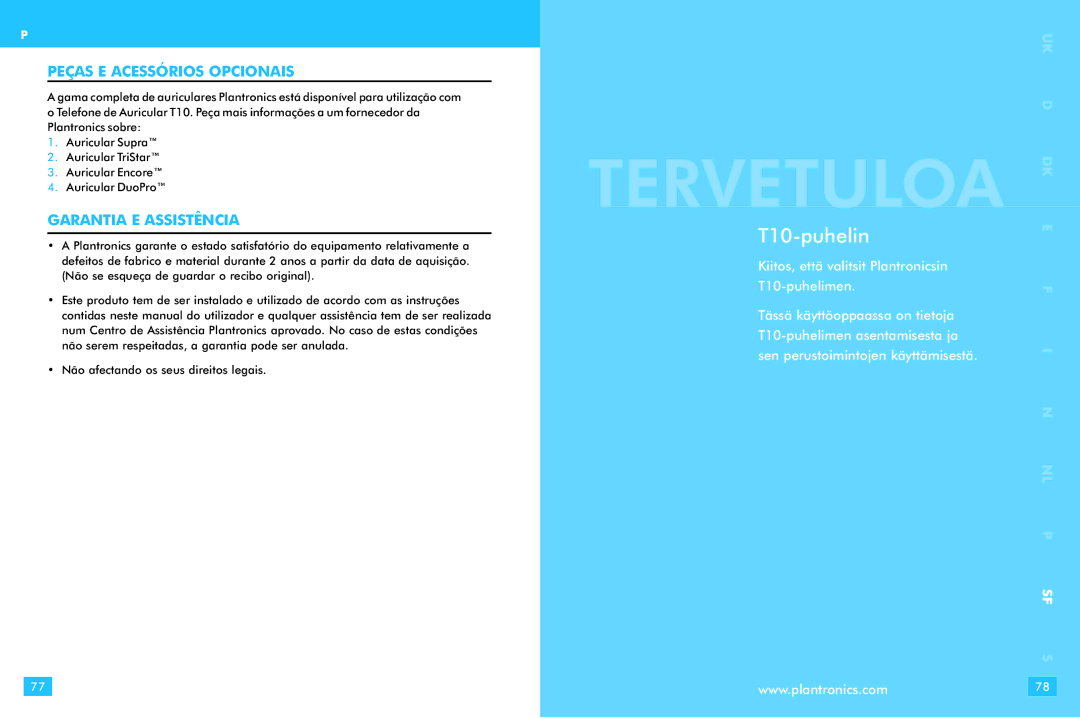 Plantronics warranty Tervetuloa, T10-puhelin, Peças E Acessórios Opcionais, Garantia E Assistência 