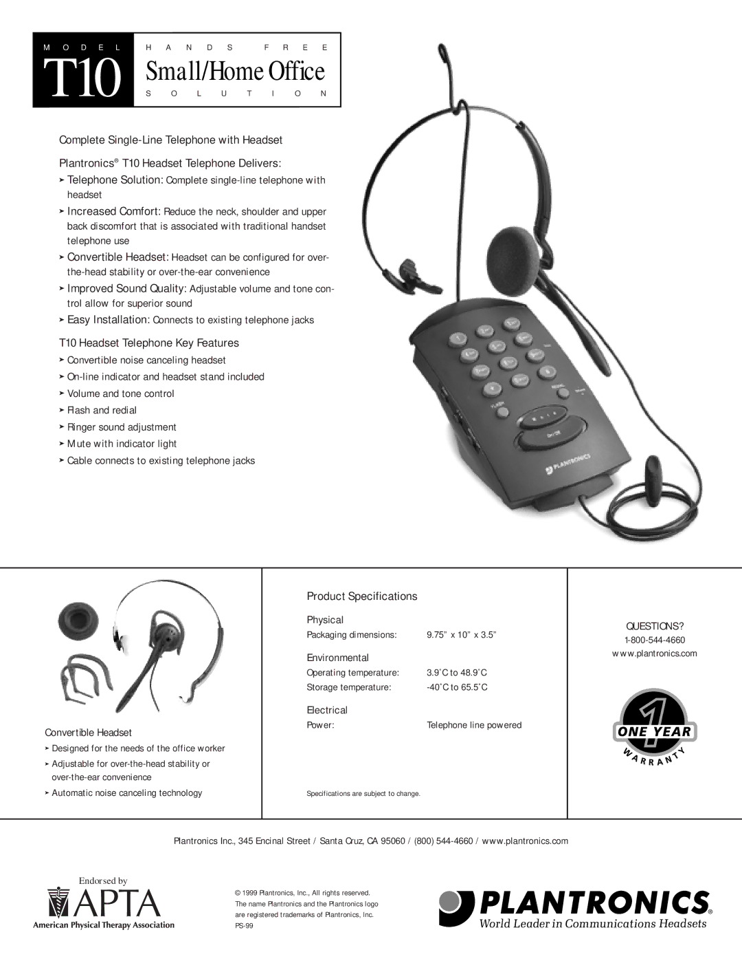 Plantronics T10 manual Small/Home Office, Questions?, Endorsed by 