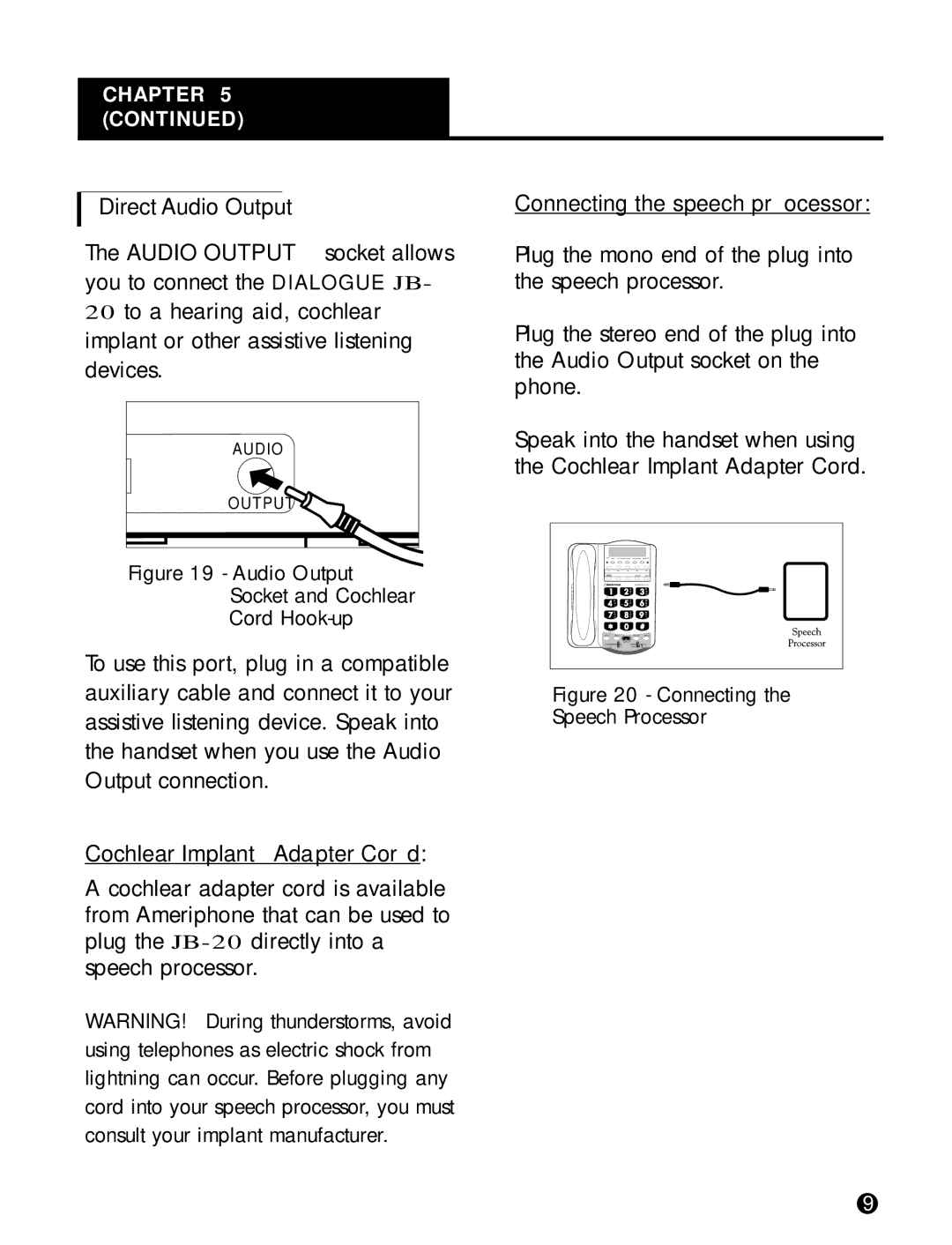 Plantronics T20 operating instructions Direct Audio Output, Cochlear Implant Adapter Cord, Connecting the speech processor 