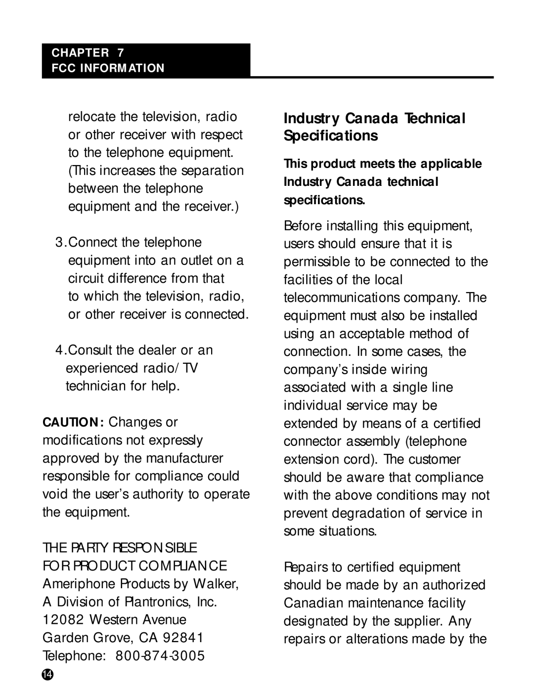 Plantronics T20 operating instructions Industry Canada Technical Specifications 