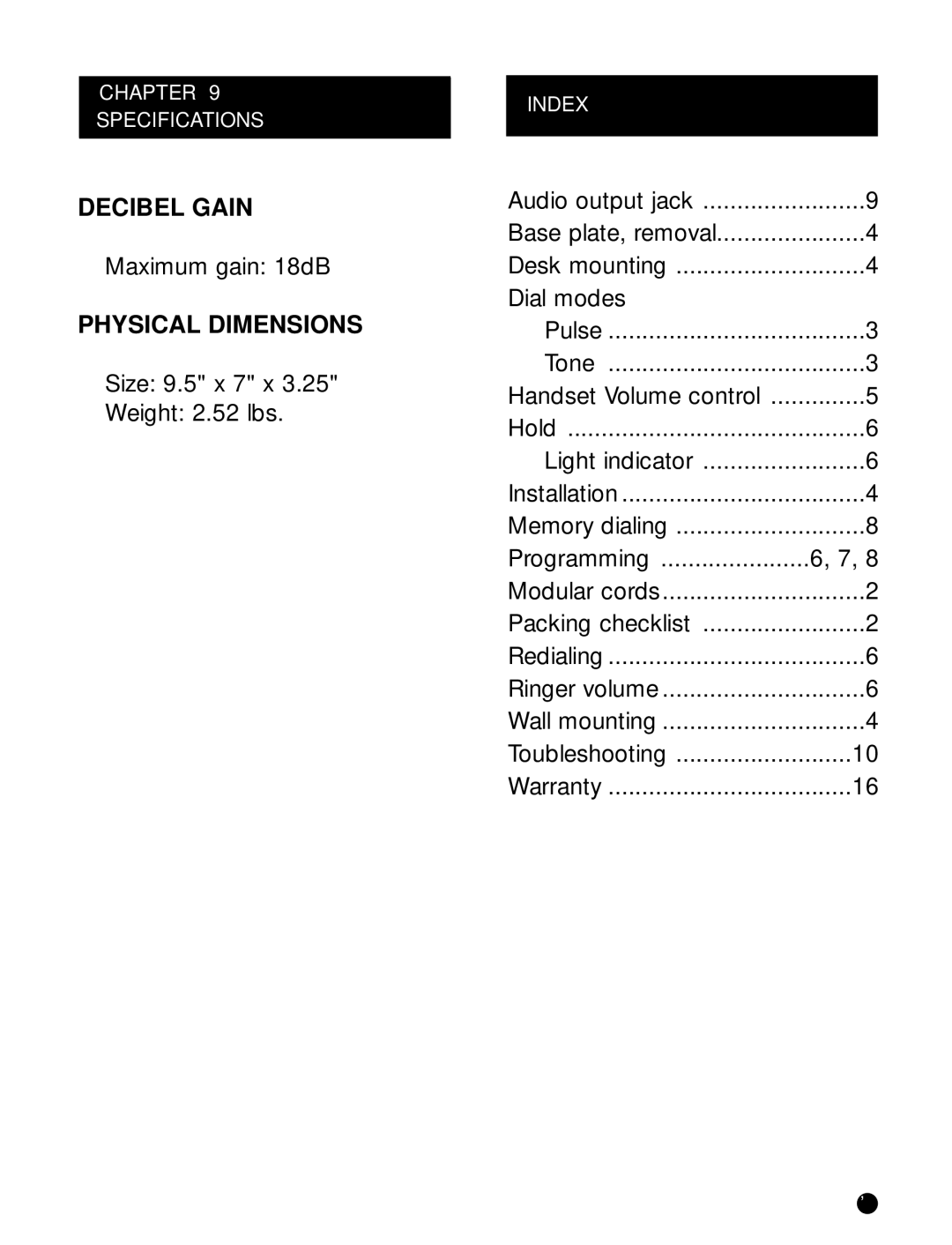 Plantronics T20 operating instructions Decibel Gain, Physical Dimensions 