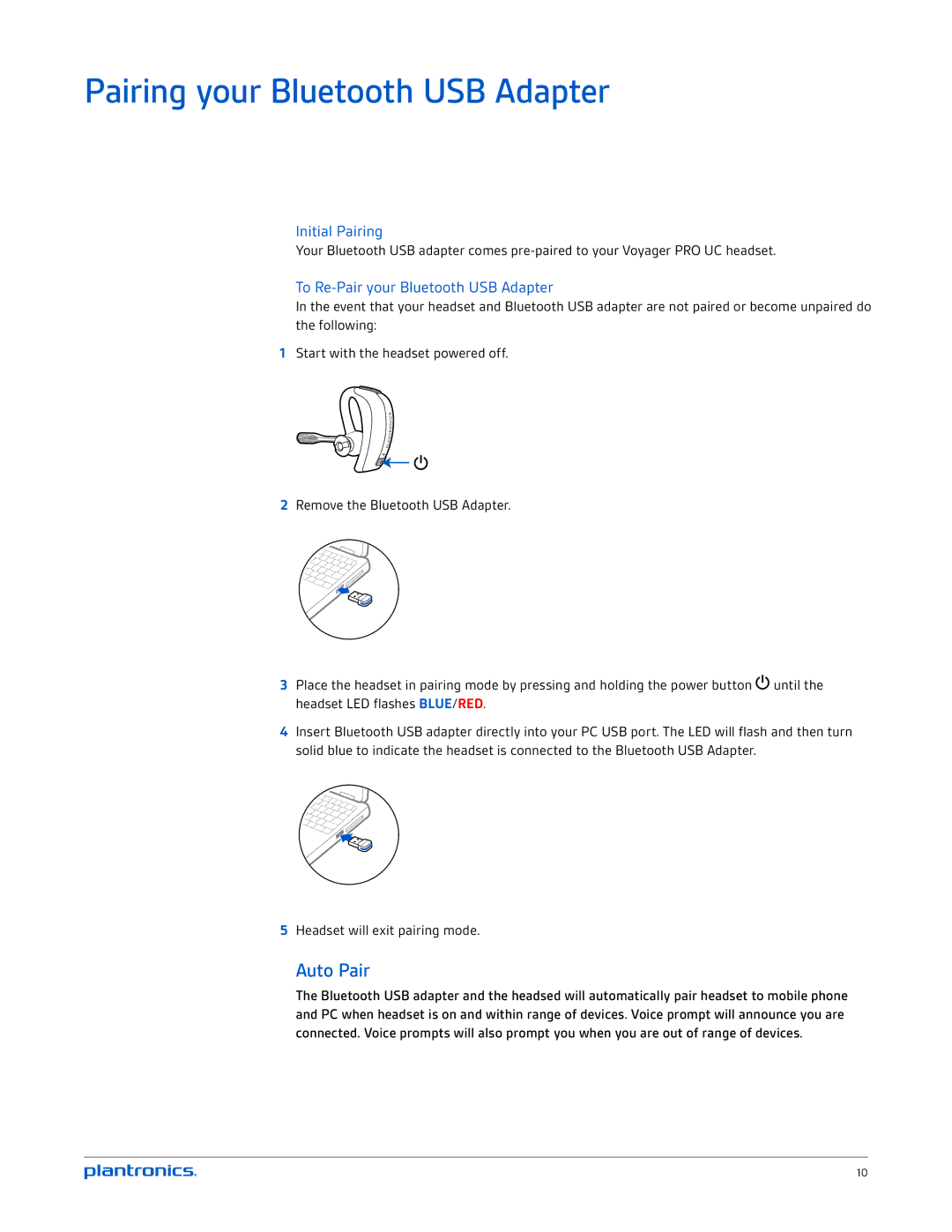 Plantronics UC v2 Pairing your Bluetooth USB Adapter, Auto Pair, Initial Pairing, To Re-Pair your Bluetooth USB Adapter 