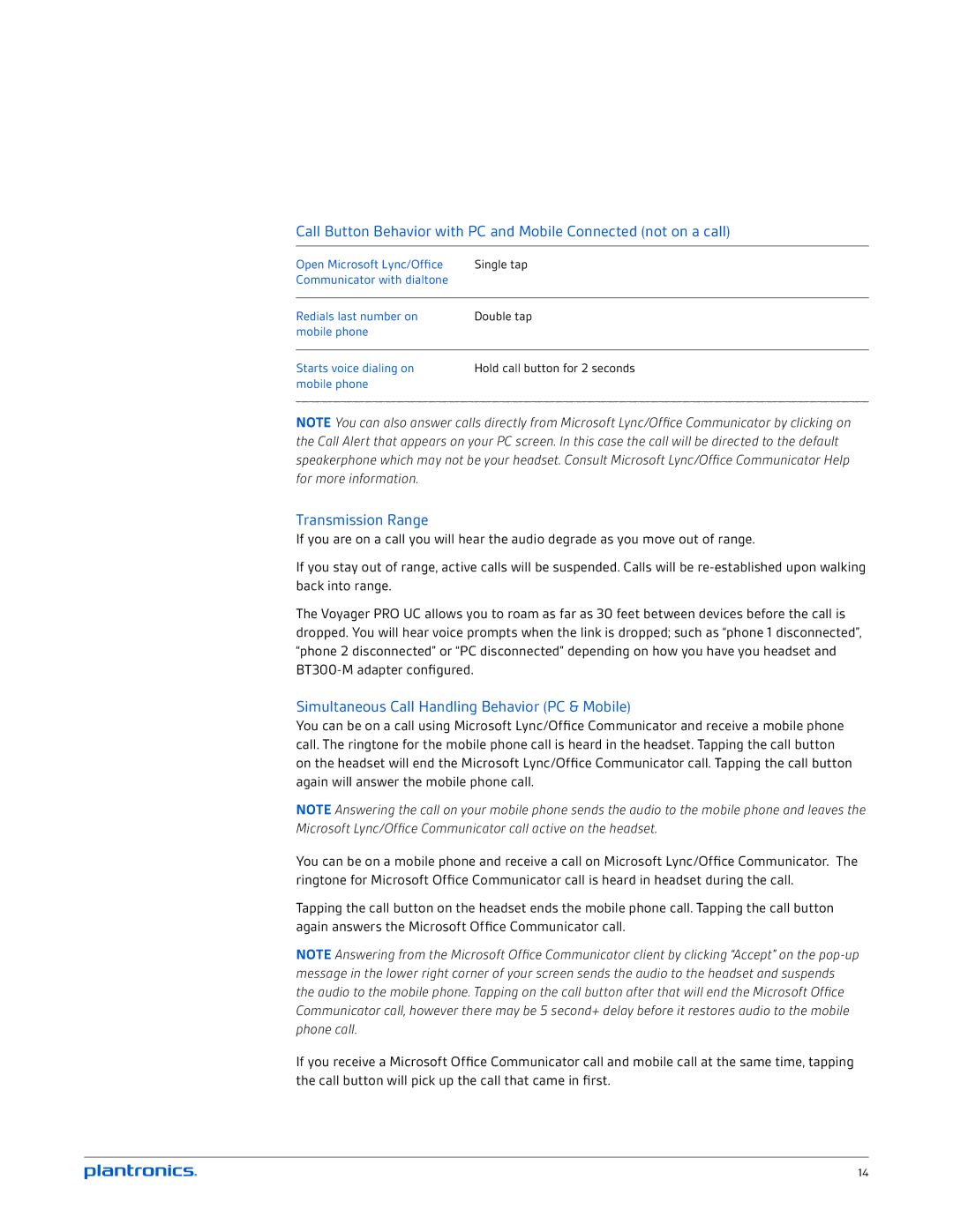 Plantronics UC v2 manual Transmission Range, Simultaneous Call Handling Behavior PC & Mobile 