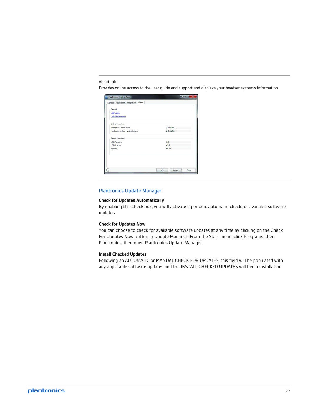 Plantronics UC v2 manual Plantronics Update Manager, Check for Updates Automatically, Check for Updates Now 