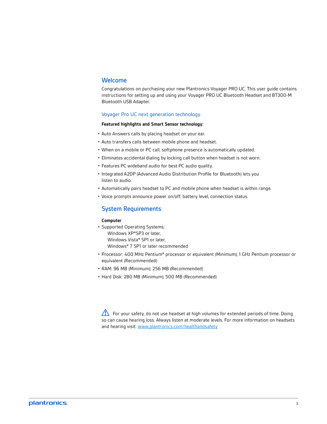 Plantronics UC v2 manual Welcome, System Requirements, Voyager Pro UC next generation technology, Computer 