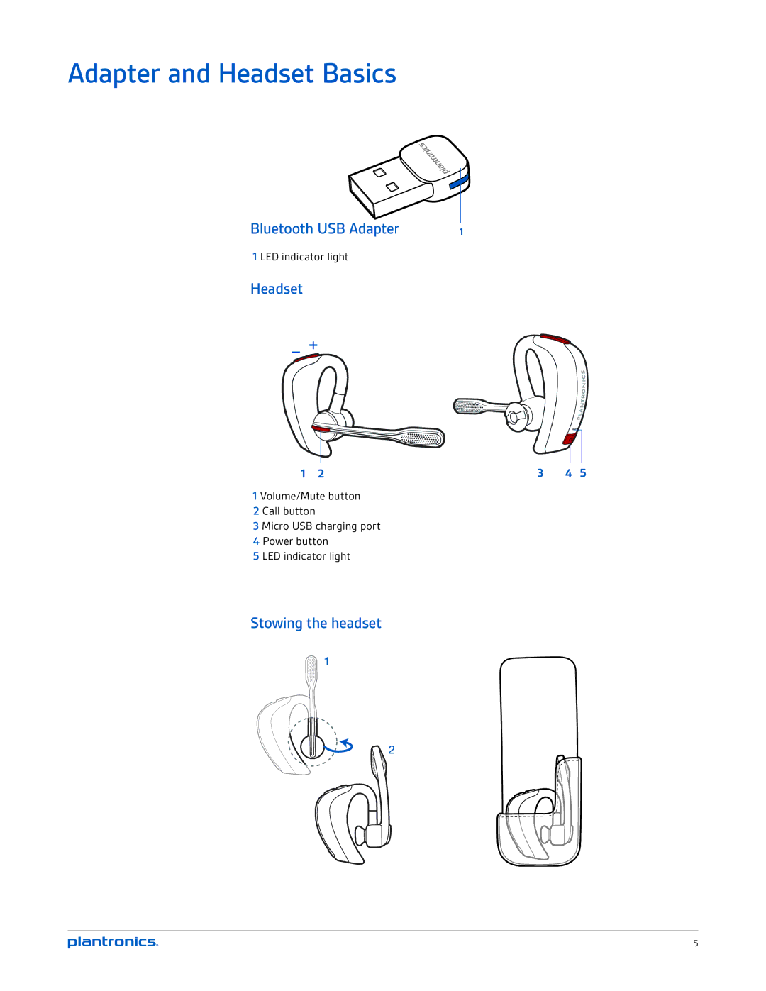 Plantronics UC v2 manual Adapter and Headset Basics, Stowing the headset 