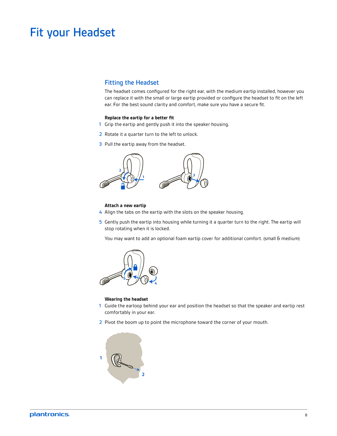 Plantronics UC v2 manual Fit your Headset, Fitting the Headset, Replace the eartip for a better fit, Attach a new eartip 