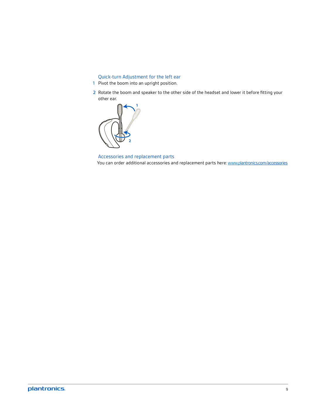 Plantronics UC v2 manual Quick-turn Adjustment for the left ear, Accessories and replacement parts 