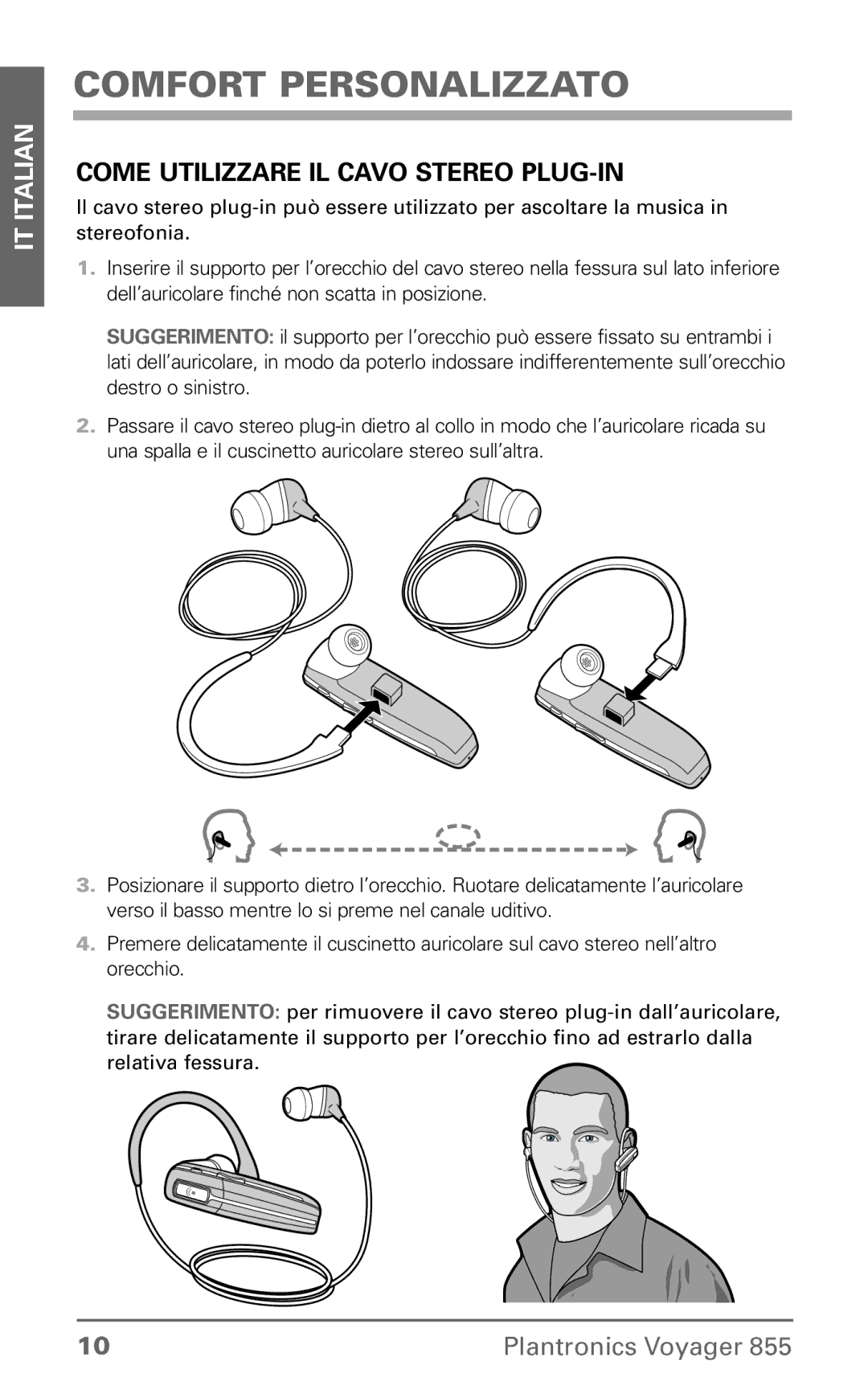 Plantronics Voyager 855 manual do utilizador Come utilizzare il cavo stereo plug-in 