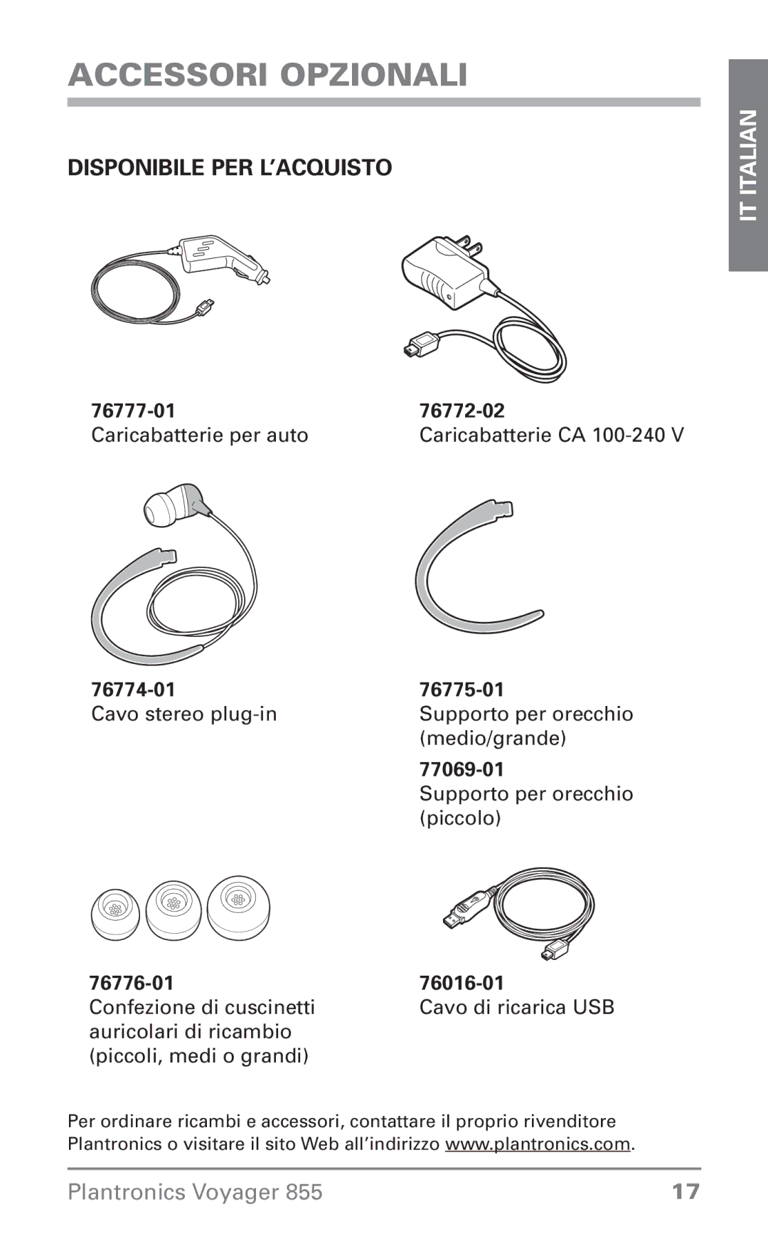 Plantronics Voyager 855 manual do utilizador Accessori opzionali, Disponibile per l’acquisto 