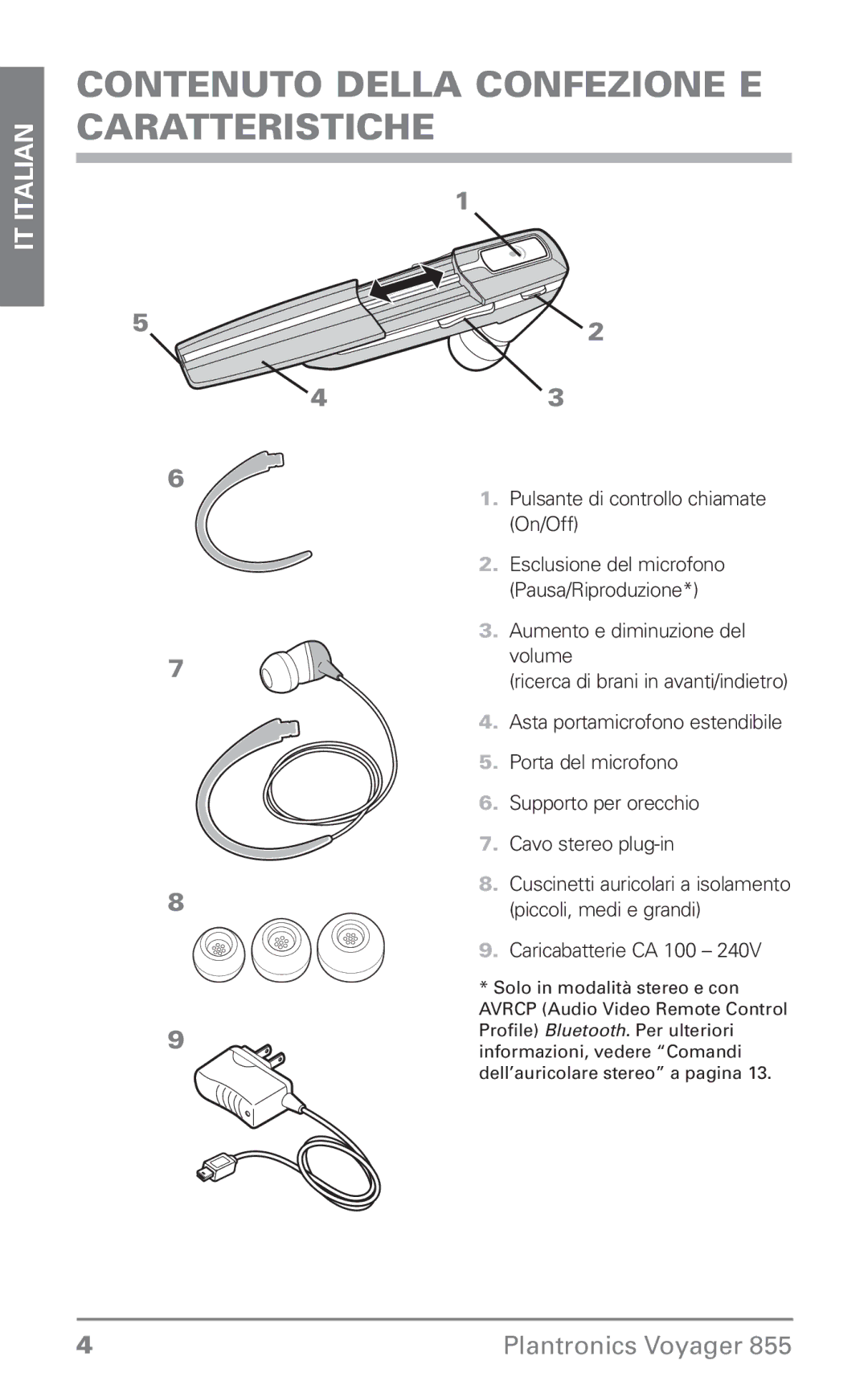 Plantronics Voyager 855 manual do utilizador Contenuto della confezione e caratteristiche, Caricabatterie CA 100 