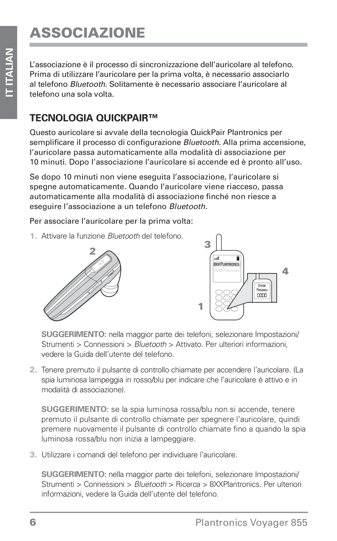 Plantronics Voyager 855 manual do utilizador Associazione, Tecnologia QuickPair 