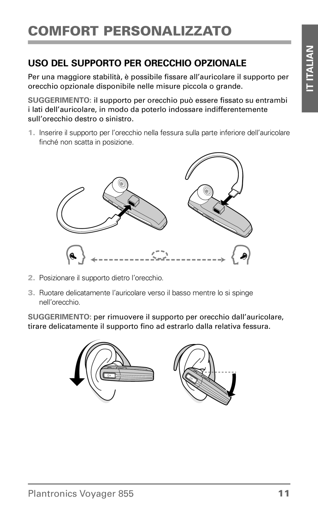 Plantronics Voyager 855 Uso del supporto per orecchio opzionale, Comfort personalizzato, IT Italian, Plantronics Voyager 