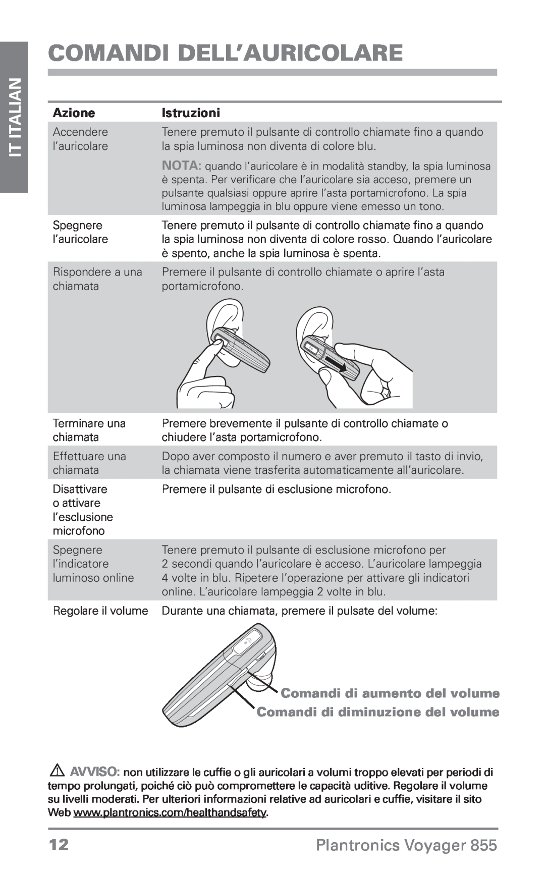 Plantronics Voyager 855 manual do utilizador Comandi dell’auricolare, IT Italian, Plantronics Voyager, Azione, Istruzioni 