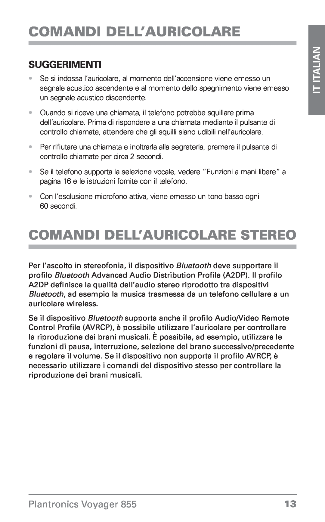 Plantronics Voyager 855 manual do utilizador Comandi dell’auricolare stereo, Suggerimenti, IT Italian, Plantronics Voyager 