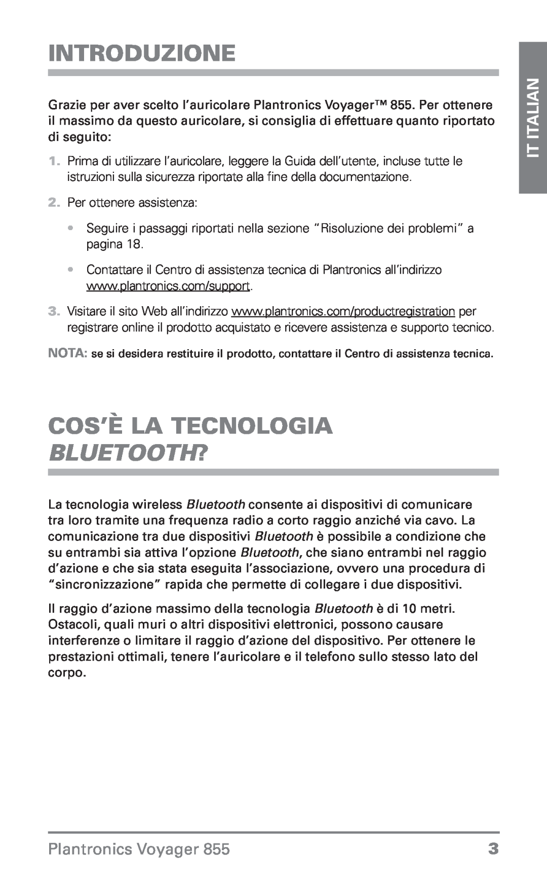 Plantronics Voyager 855 manual do utilizador Introduzione, Cos’è la tecnologia, Plantronics Voyager, Bluetooth?, IT Italian 