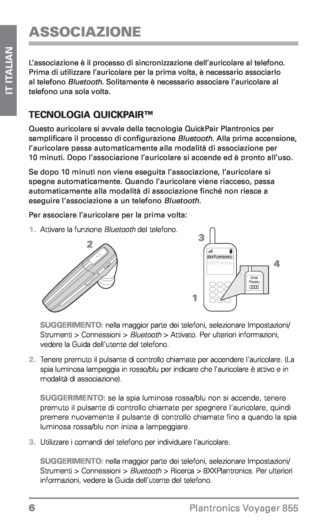 Plantronics Voyager 855 manual do utilizador Associazione, Tecnologia QuickPair, IT Italian, Plantronics Voyager 