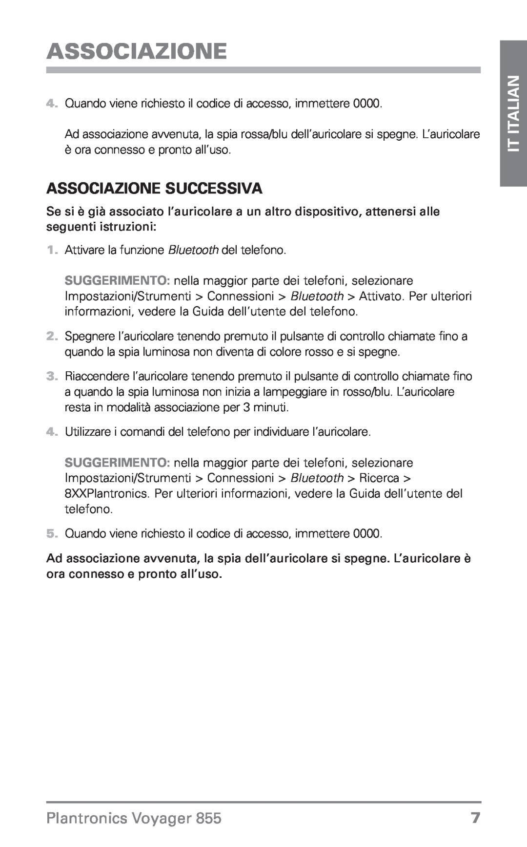 Plantronics Voyager 855 manual do utilizador Associazione successiva, IT Italian, Plantronics Voyager 