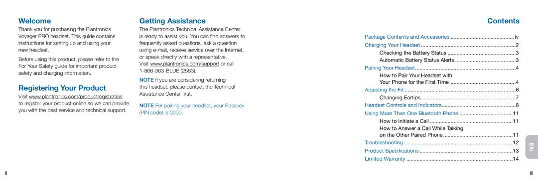 Plantronics Voyager manual Welcome, Registering Your Product Getting Assistance, Contents 