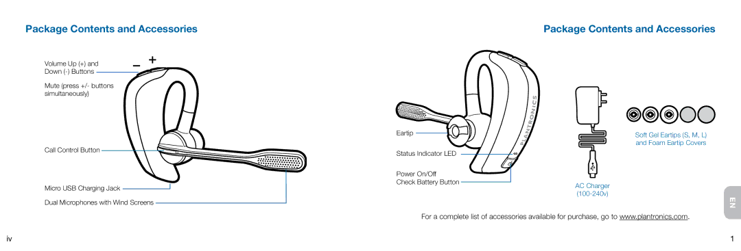 Plantronics Voyager manual Package Contents and Accessories, Soft Gel Eartips S, M, L Foam Eartip Covers AC Charger 