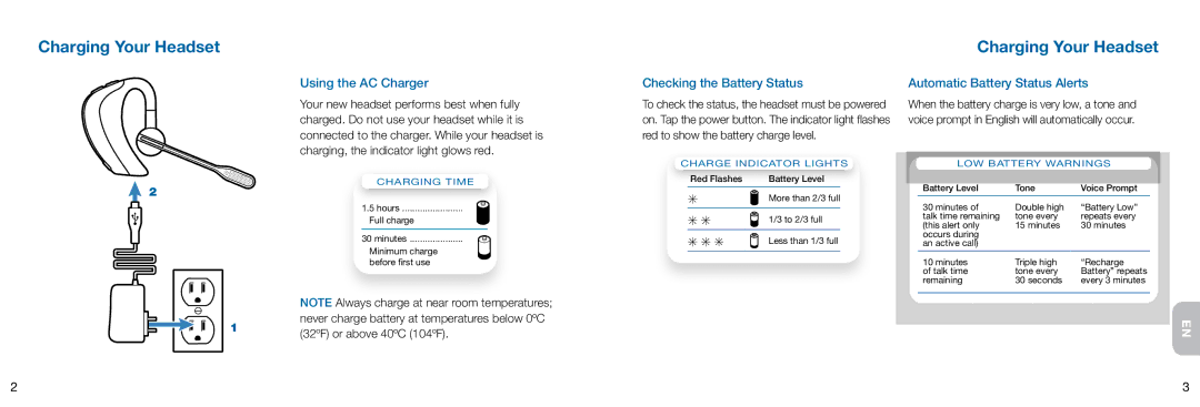 Plantronics Voyager Charging Your Headset, Using the AC Charger, Checking the Battery Status, 32ºF or above 40ºC 104ºF 