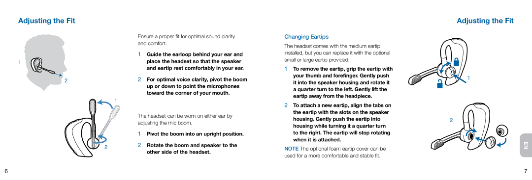 Plantronics Voyager manual Adjusting the Fit, Ensure a proper fit for optimal sound clarity and comfort, Changing Eartips 