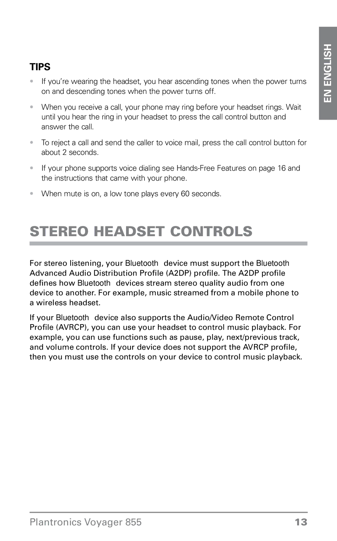 Plantronics VOYAGER855 manual Stereo Headset Controls, Tips 