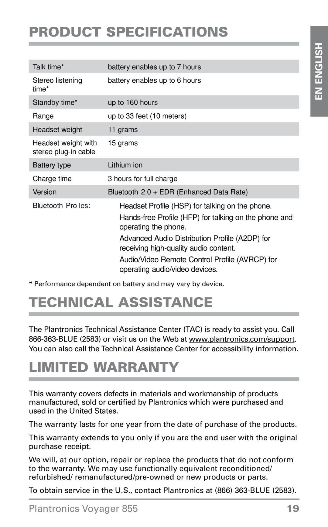 Plantronics VOYAGER855 manual Product Specifications, Technical Assistance Limited Warranty 