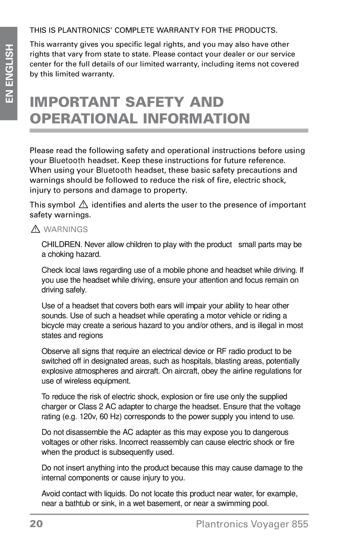 Plantronics VOYAGER855 manual Important Safety and Operational Information 