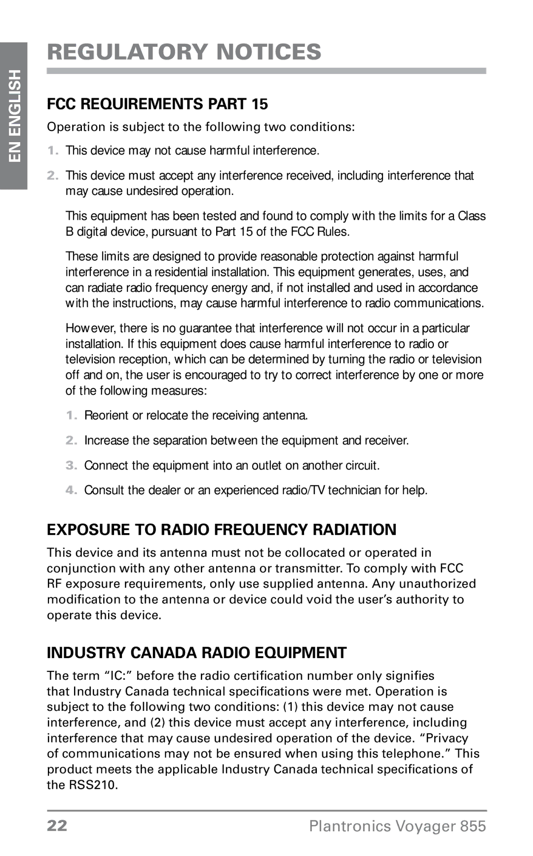 Plantronics VOYAGER855 manual Regulatory Notices, FCC Requirements Part, Exposure To Radio Frequency Radiation 