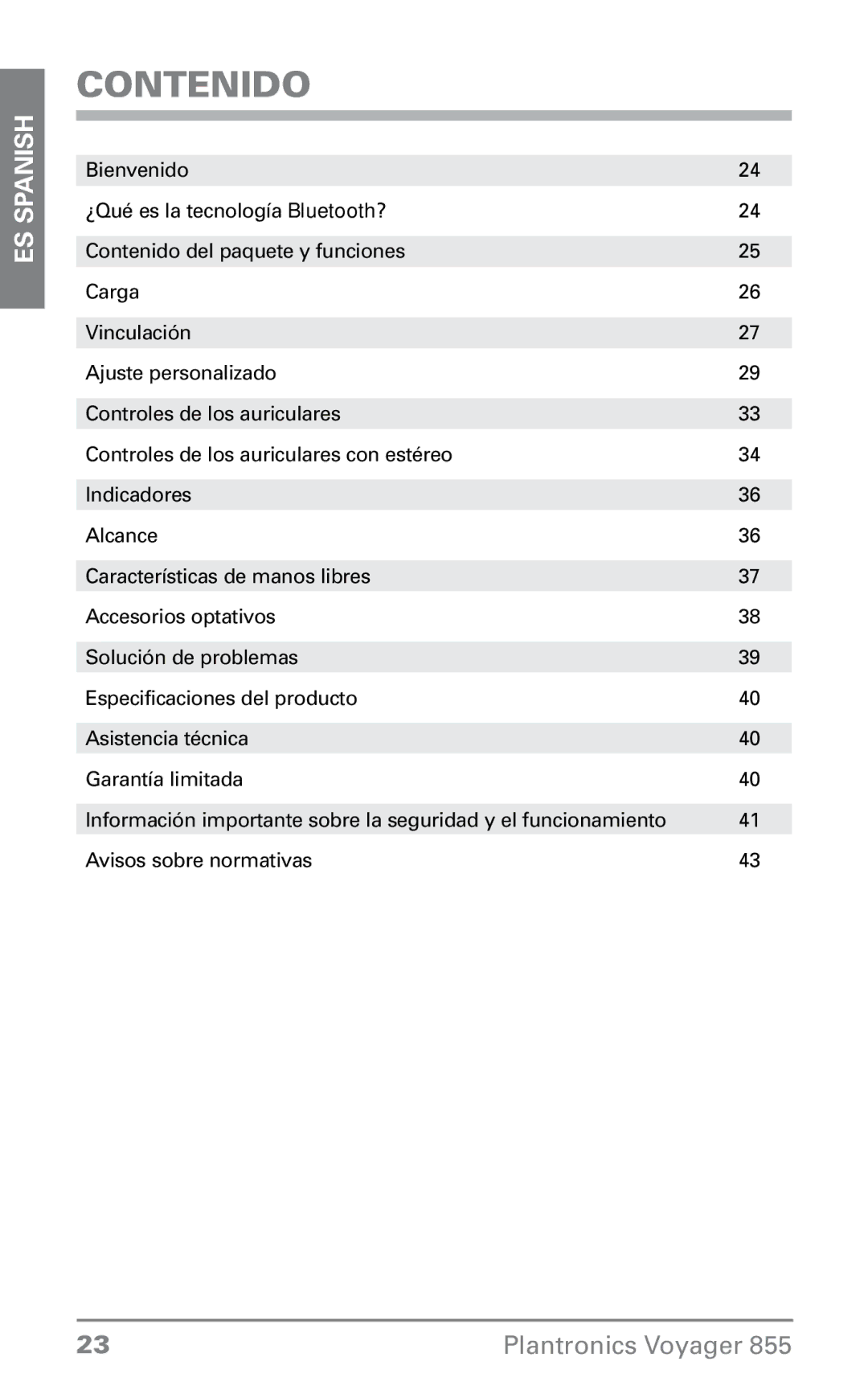 Plantronics VOYAGER855 manual Contenido 