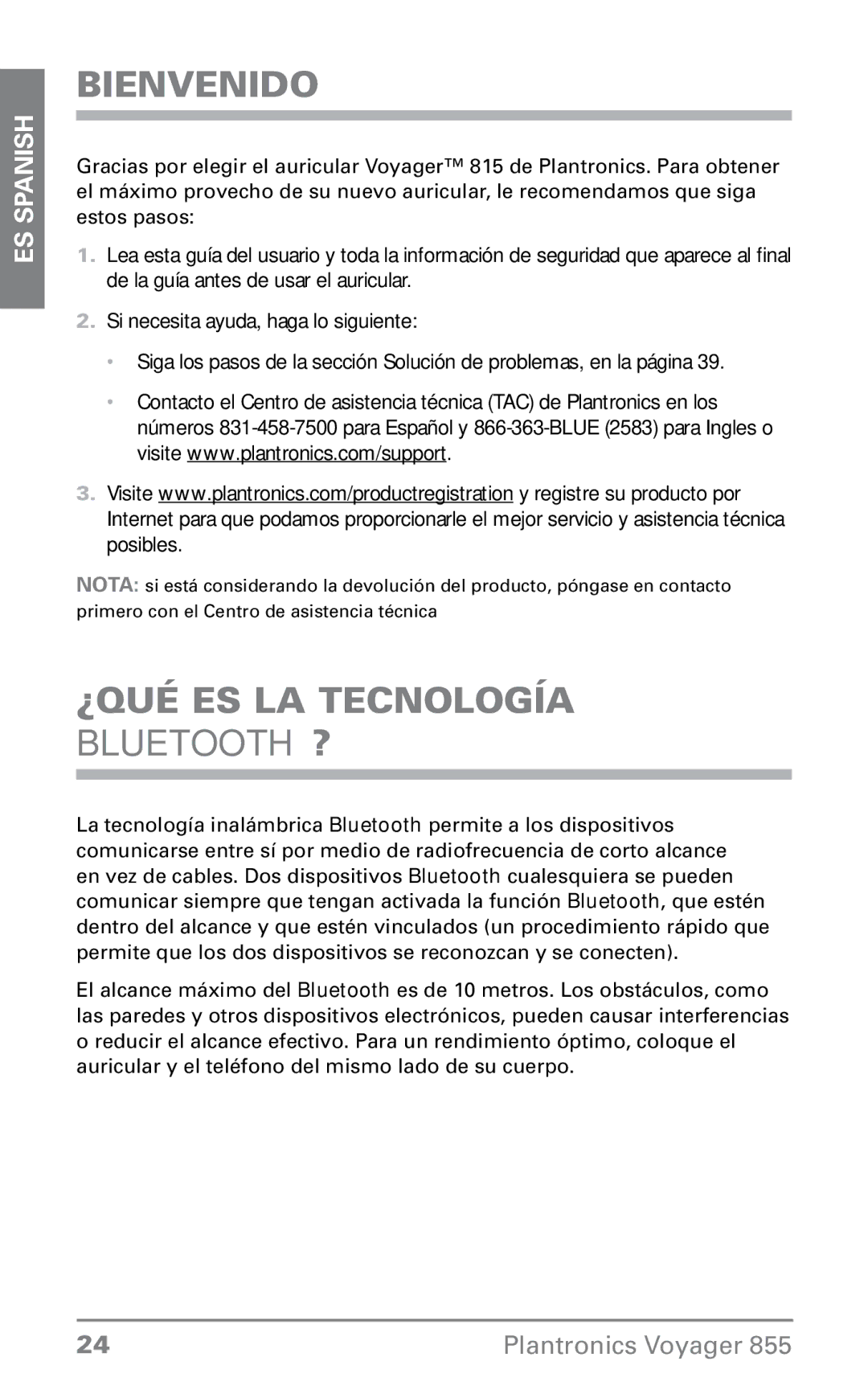 Plantronics VOYAGER855 manual Bienvenido, ¿Qué es la tecnología Bluetooth? 