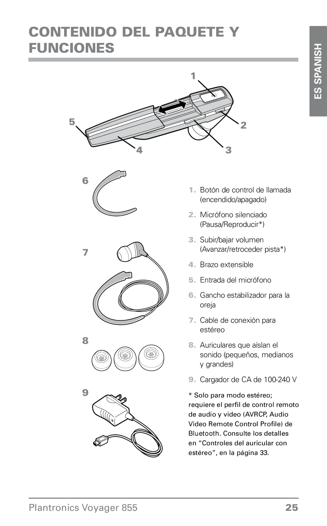 Plantronics VOYAGER855 manual Contenido del paquete y funciones, Grandes 