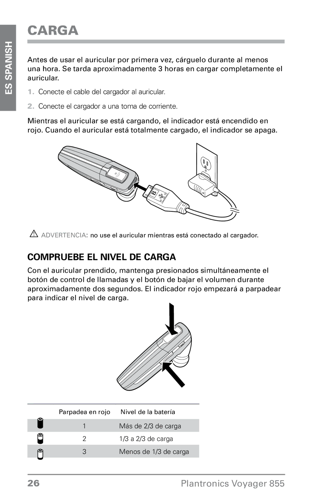 Plantronics VOYAGER855 manual Carga, Compruebe el nivel de carga 