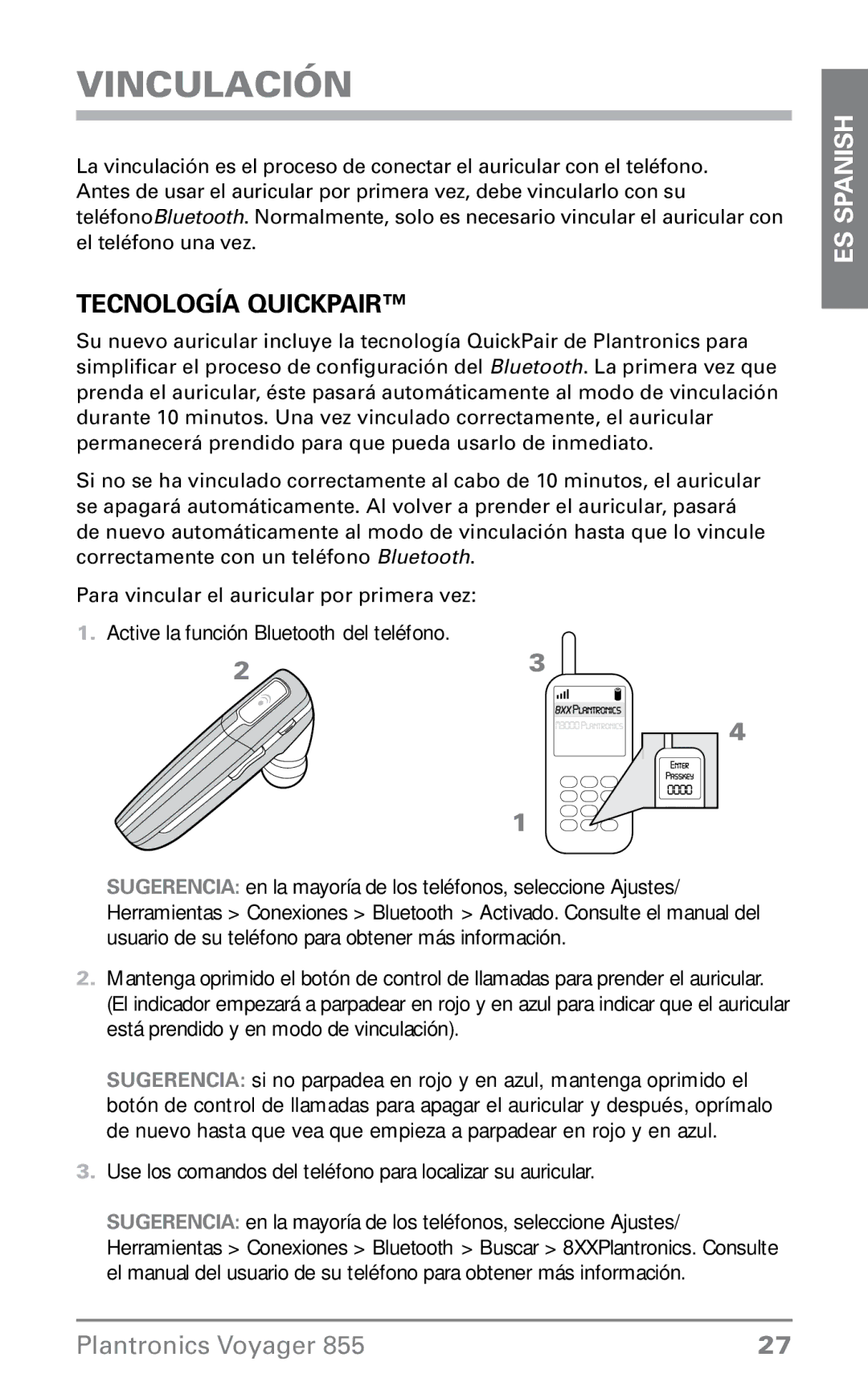 Plantronics VOYAGER855 manual Vinculación, Tecnología QuickPair 