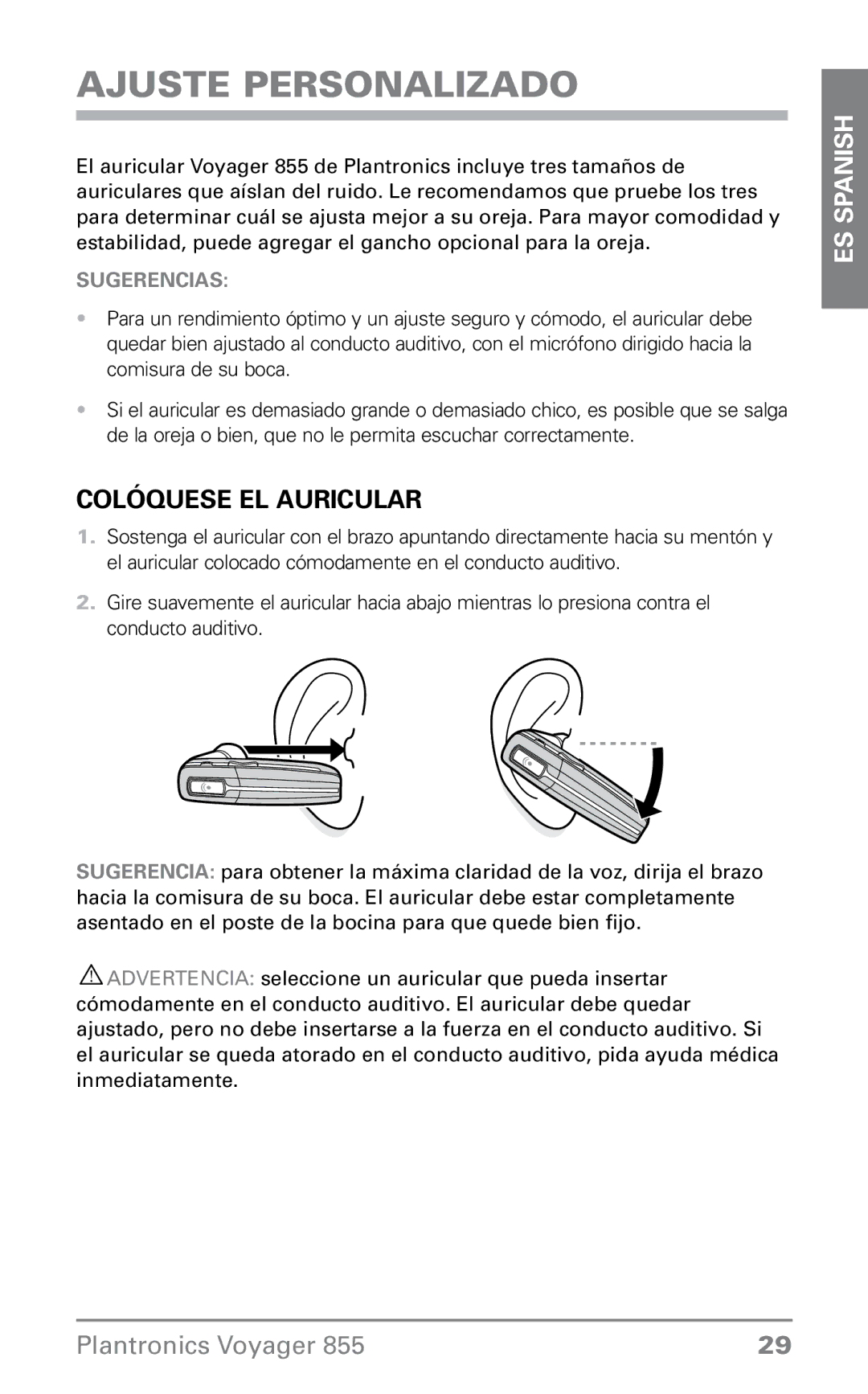 Plantronics VOYAGER855 manual Ajuste personalizado, Colóquese el auricular 