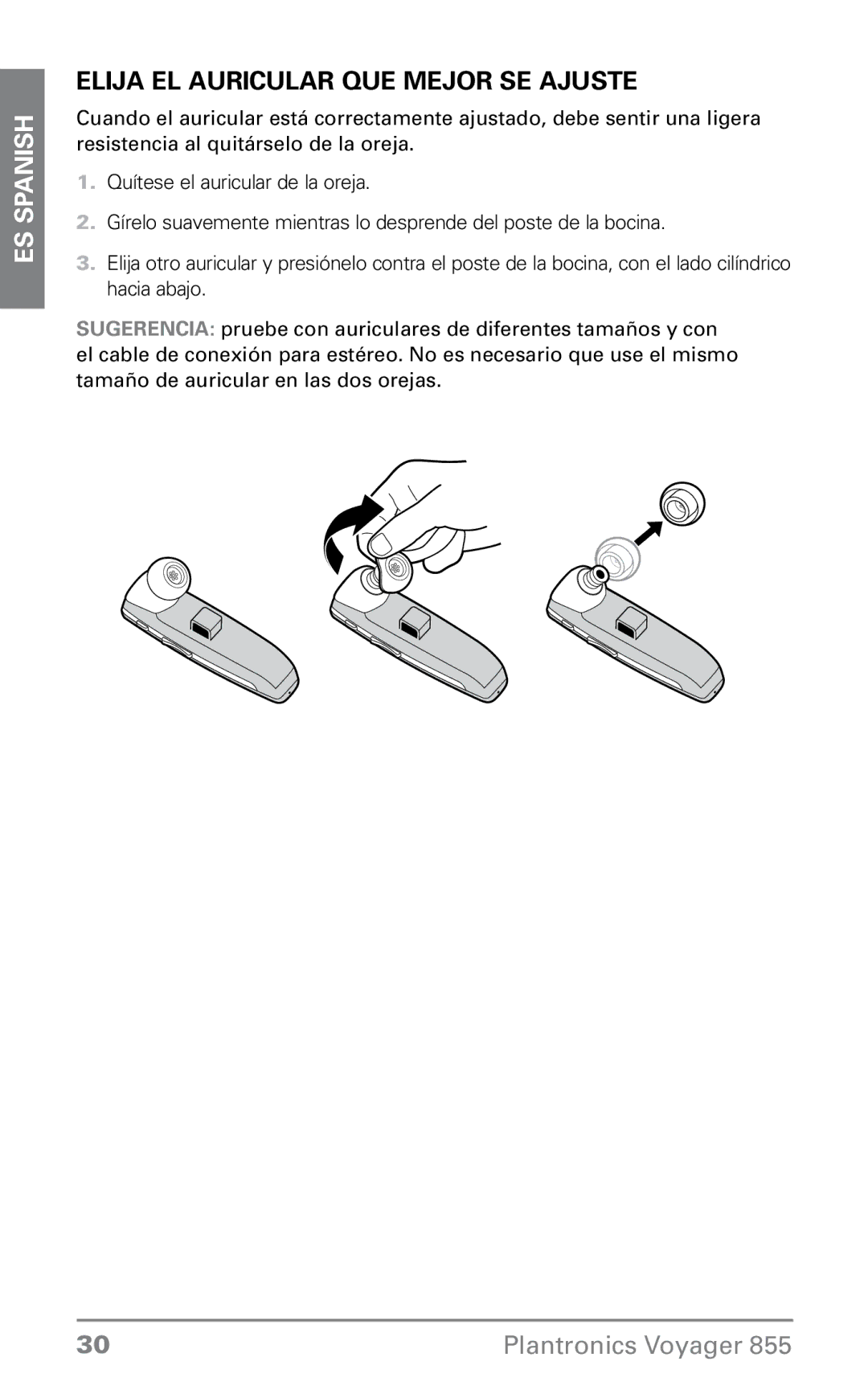 Plantronics VOYAGER855 manual Elija el auricular que mejor se ajuste 