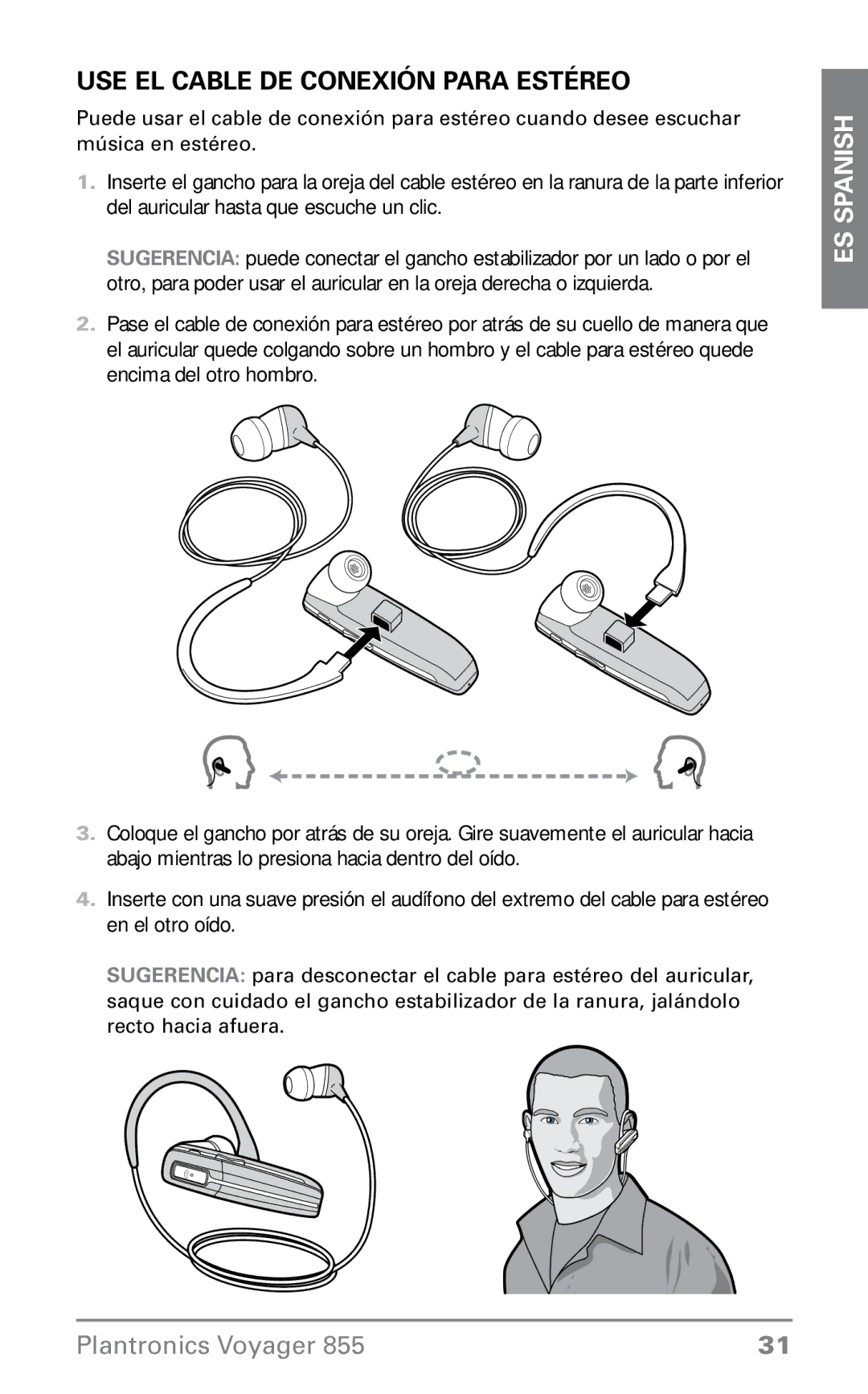 Plantronics VOYAGER855 manual Use el cable de conexión para estéreo 