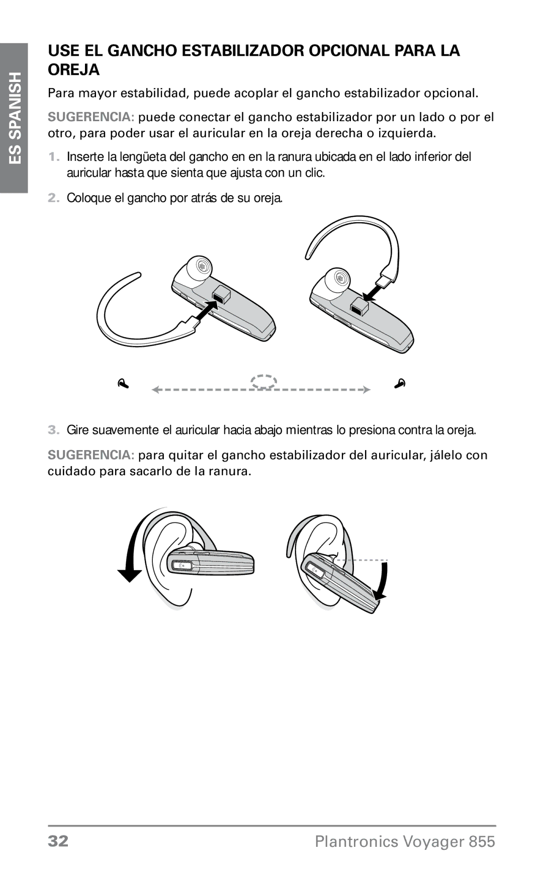 Plantronics VOYAGER855 manual Use el gancho estabilizador opcional para la oreja 