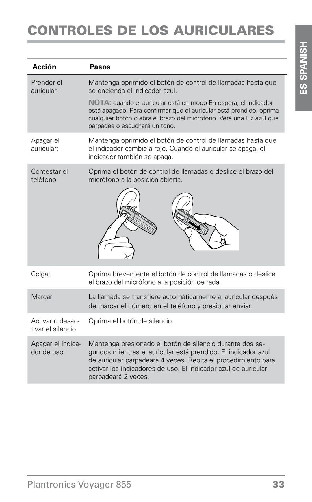 Plantronics VOYAGER855 manual Controles de los auriculares, Acción Pasos 