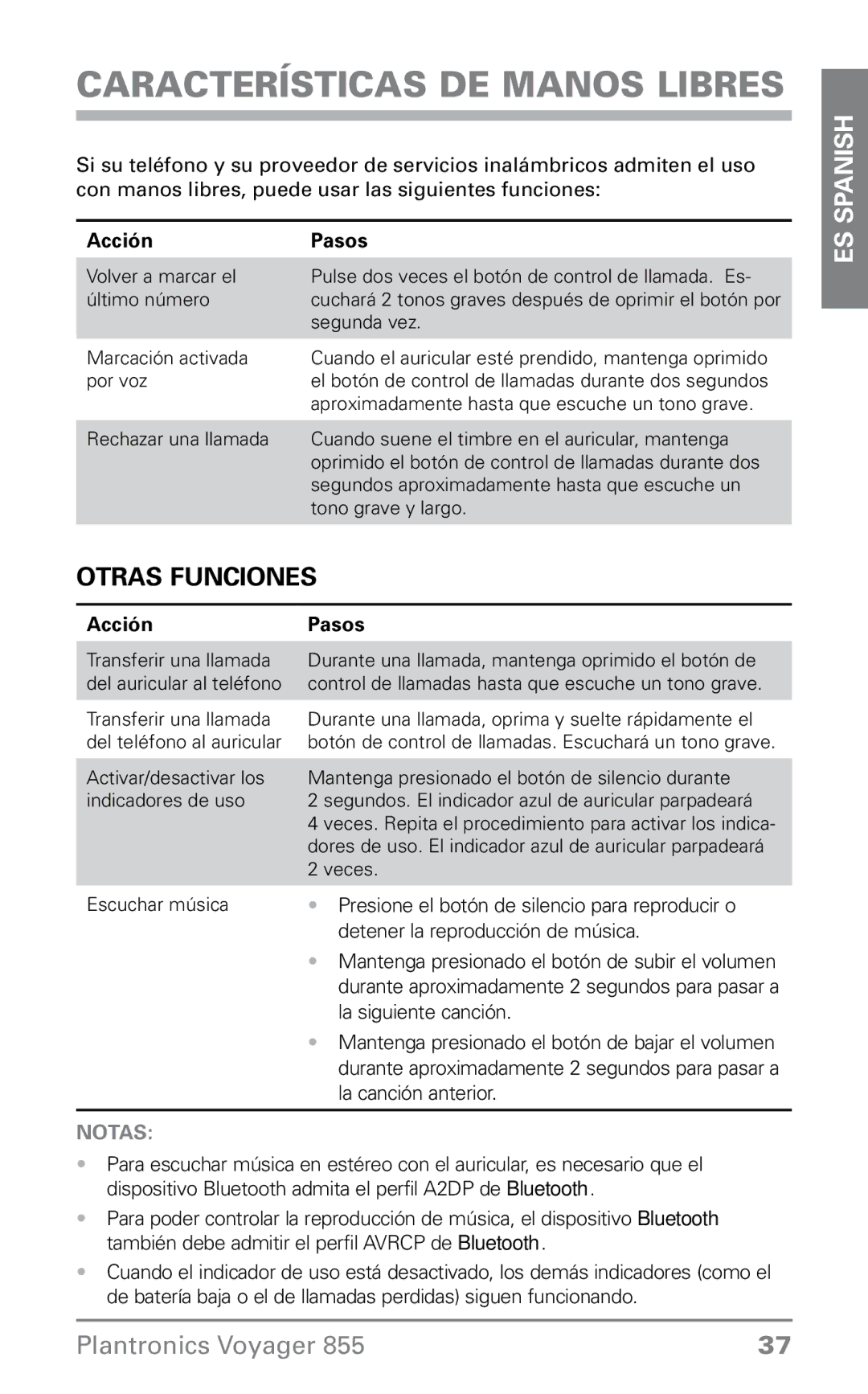 Plantronics VOYAGER855 manual Características de manos libres, Otras funciones 