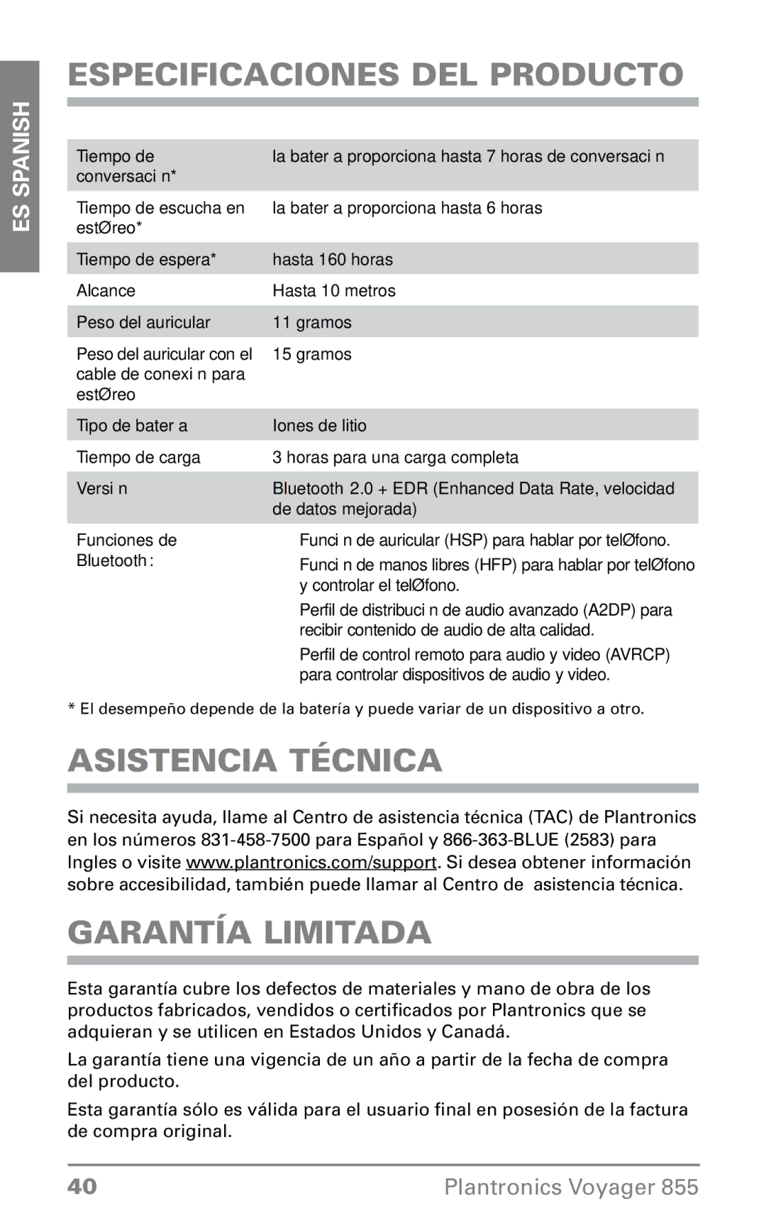 Plantronics VOYAGER855 manual Especificaciones del producto, Asistencia técnica Garantía limitada 